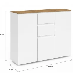 IDMarket Buffet 100 cm 3 portes 2 tiroirs blanc et plateau bois* Buffets|Collection Moderne