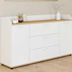 IDMarket Buffet 140 cm 4 portes avec rebord blanc et plateau bois façon hêtre* Meubles Blancs|Meubles En Bois