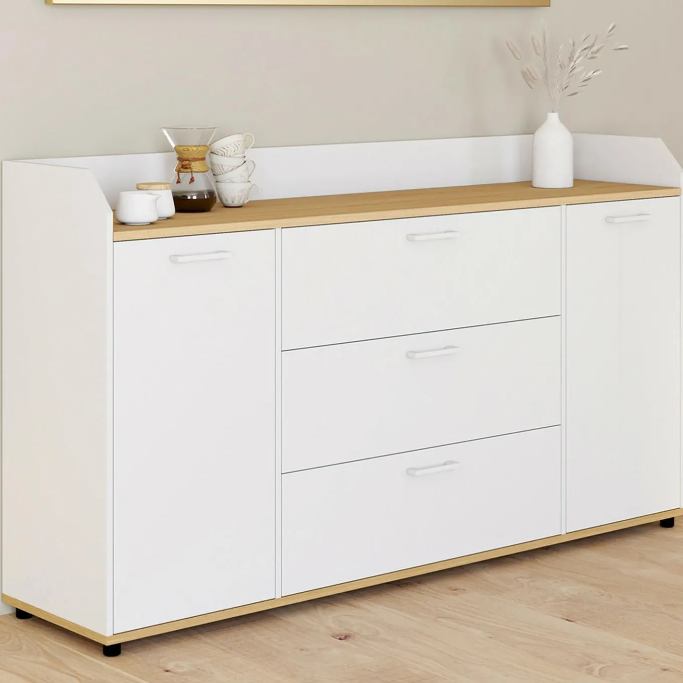 IDMarket Buffet 140 cm 4 portes avec rebord blanc et plateau bois façon hêtre* Meubles Blancs|Meubles En Bois