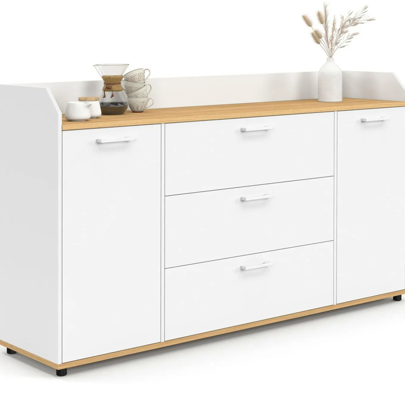 IDMarket Buffet 140 cm 4 portes avec rebord blanc et plateau bois façon hêtre* Meubles Blancs|Meubles En Bois