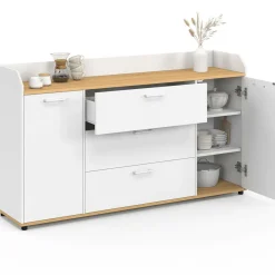 IDMarket Buffet 140 cm 4 portes avec rebord blanc et plateau bois façon hêtre* Meubles Blancs|Meubles En Bois