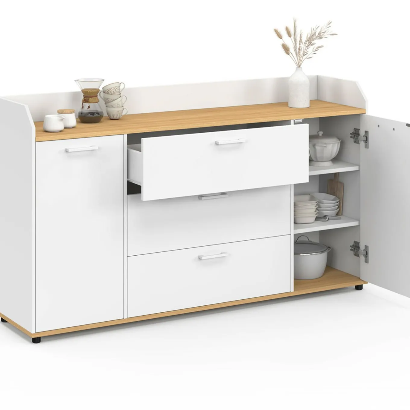 IDMarket Buffet 140 cm 4 portes avec rebord blanc et plateau bois façon hêtre* Meubles Blancs|Meubles En Bois