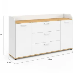 IDMarket Buffet 140 cm 4 portes avec rebord blanc et plateau bois façon hêtre* Meubles Blancs|Meubles En Bois
