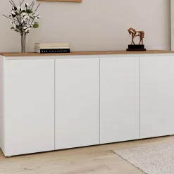 IDMarket Buffet 160 cm 4 portes blanc et plateau bois* Meubles En Bois|Buffets