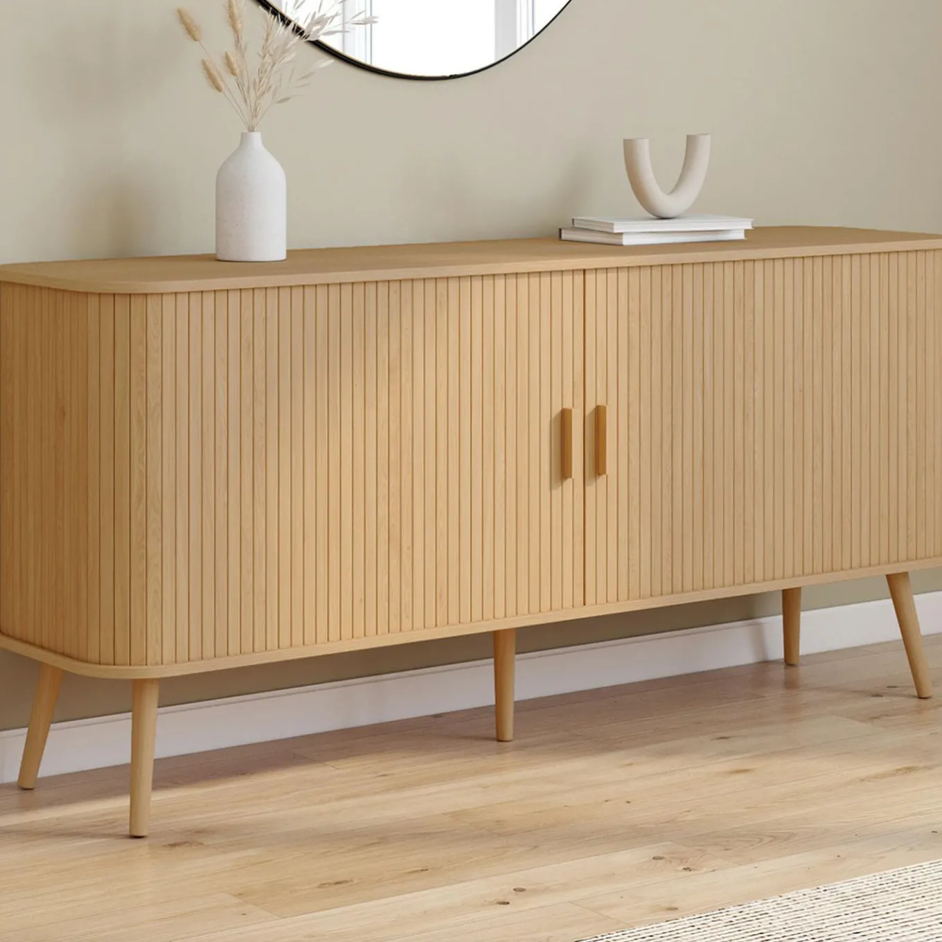 IDMarket Buffet 160 cm 2 portes coulissantes lattes tasseau bois coloris chêne* Meubles En Bois|Collection Design