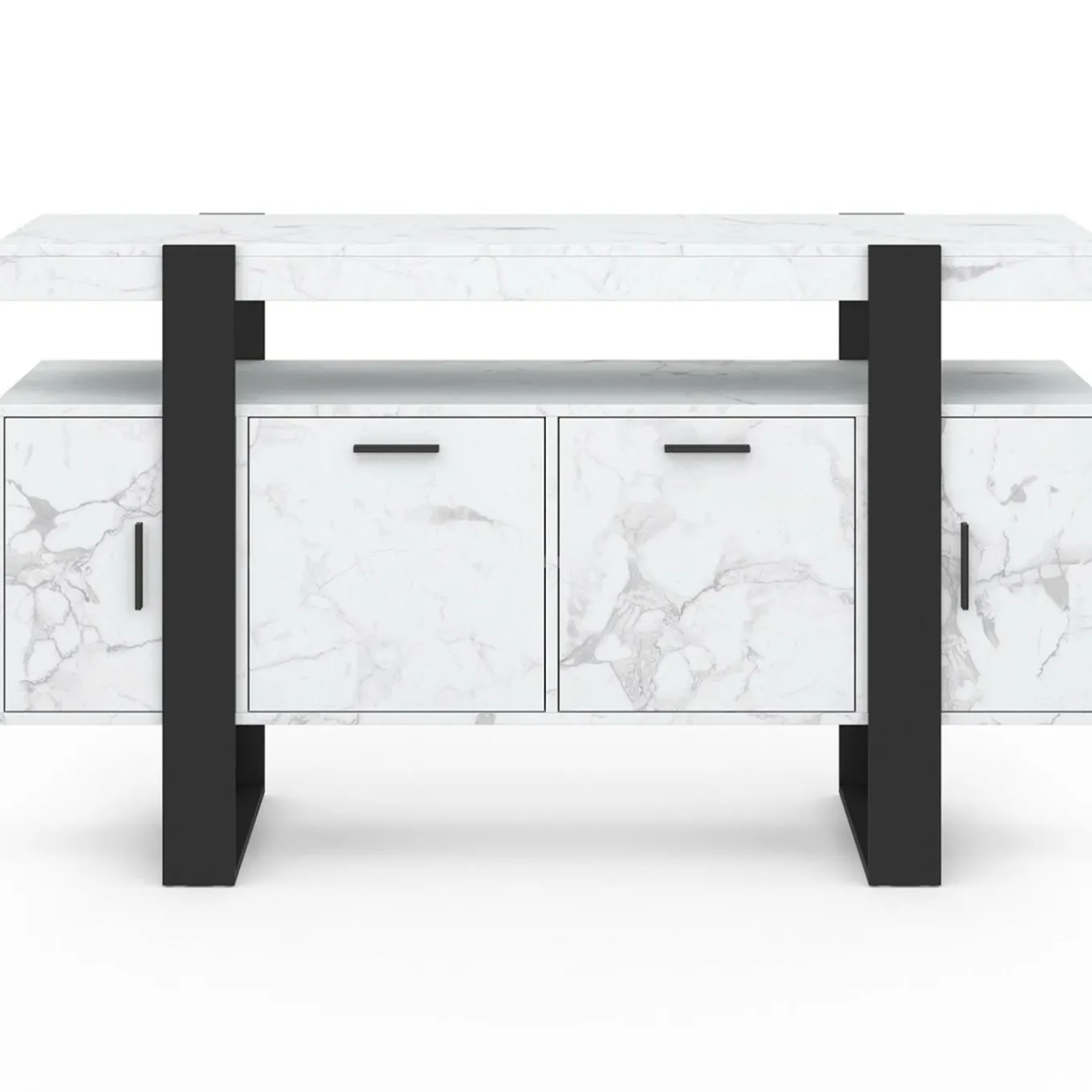 IDMarket Buffet 140 cm 4 portes effet marbre blanc et noir* Buffets|Salon Complet