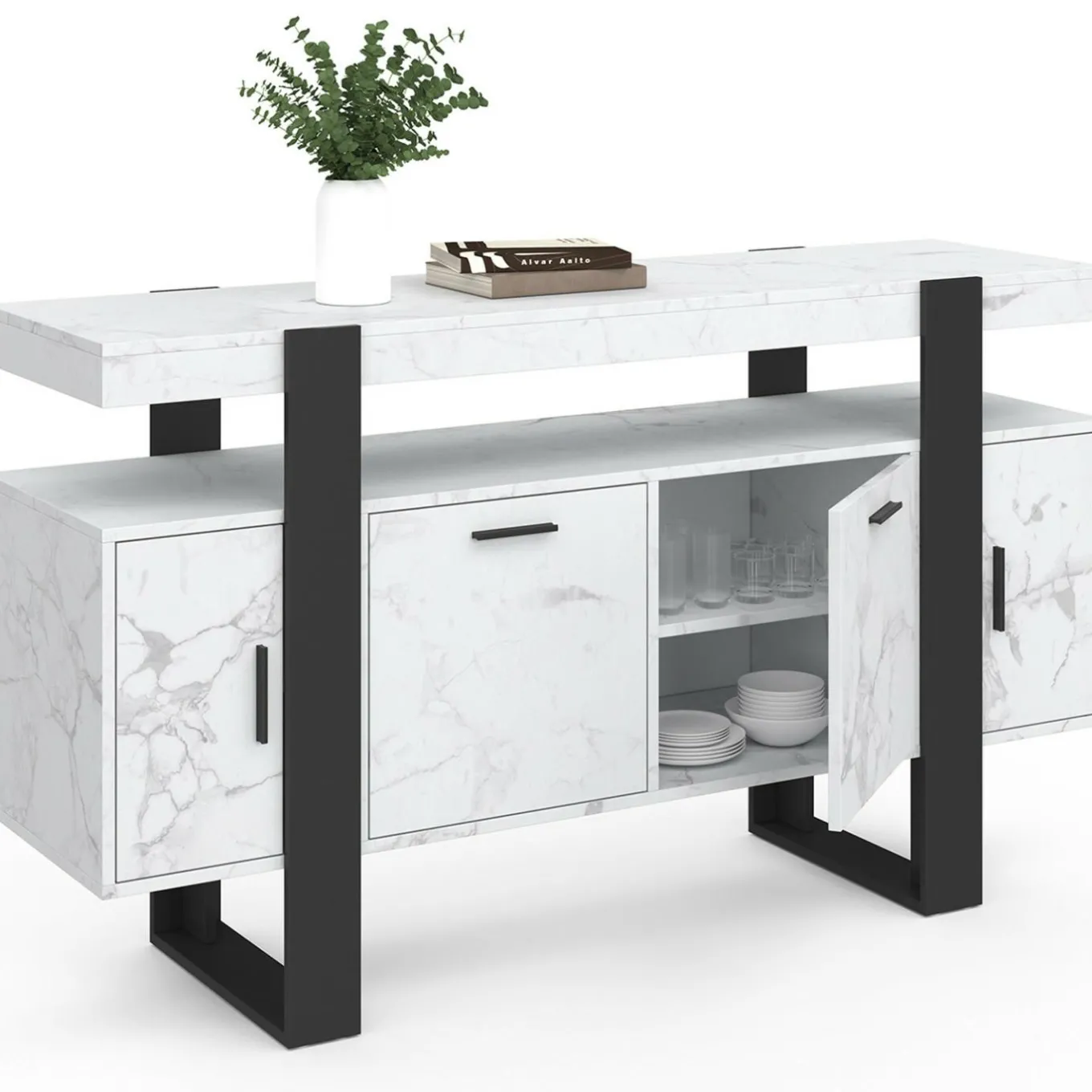 IDMarket Buffet 140 cm 4 portes effet marbre blanc et noir* Buffets|Salon Complet