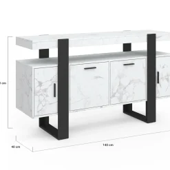 IDMarket Buffet 140 cm 4 portes effet marbre blanc et noir* Buffets|Salon Complet