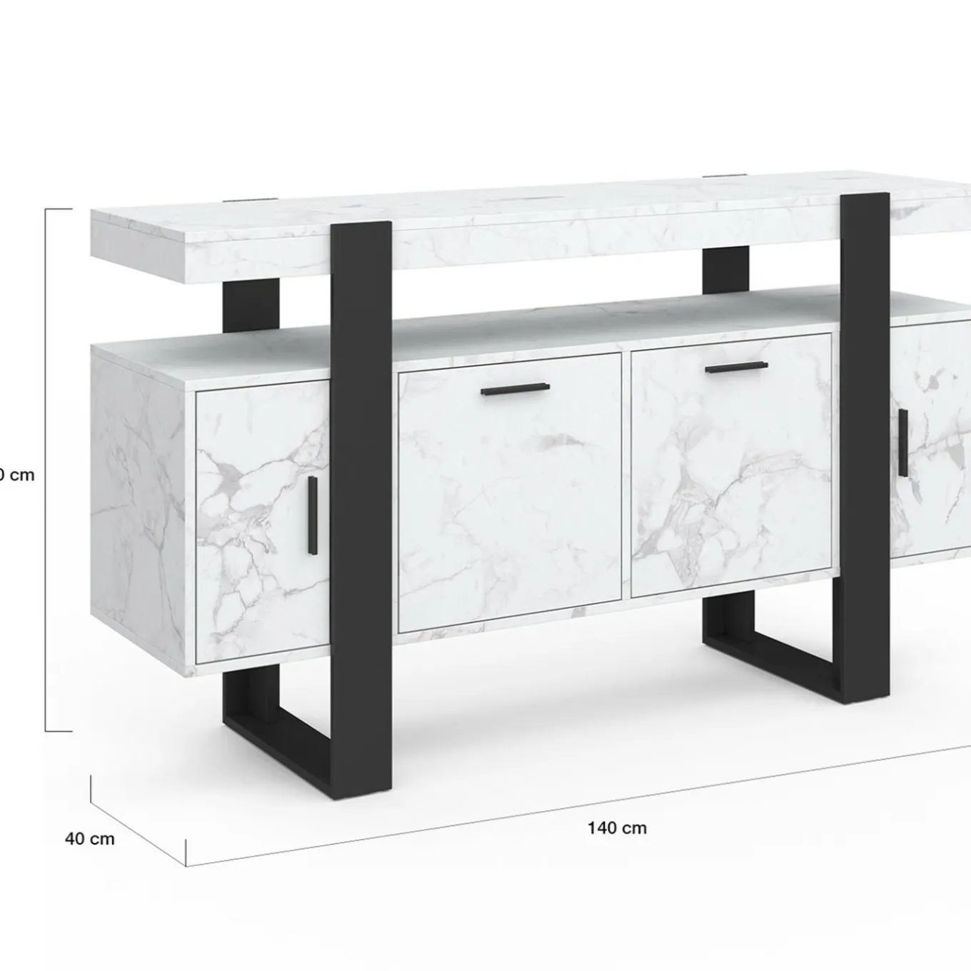 IDMarket Buffet 140 cm 4 portes effet marbre blanc et noir* Buffets|Salon Complet