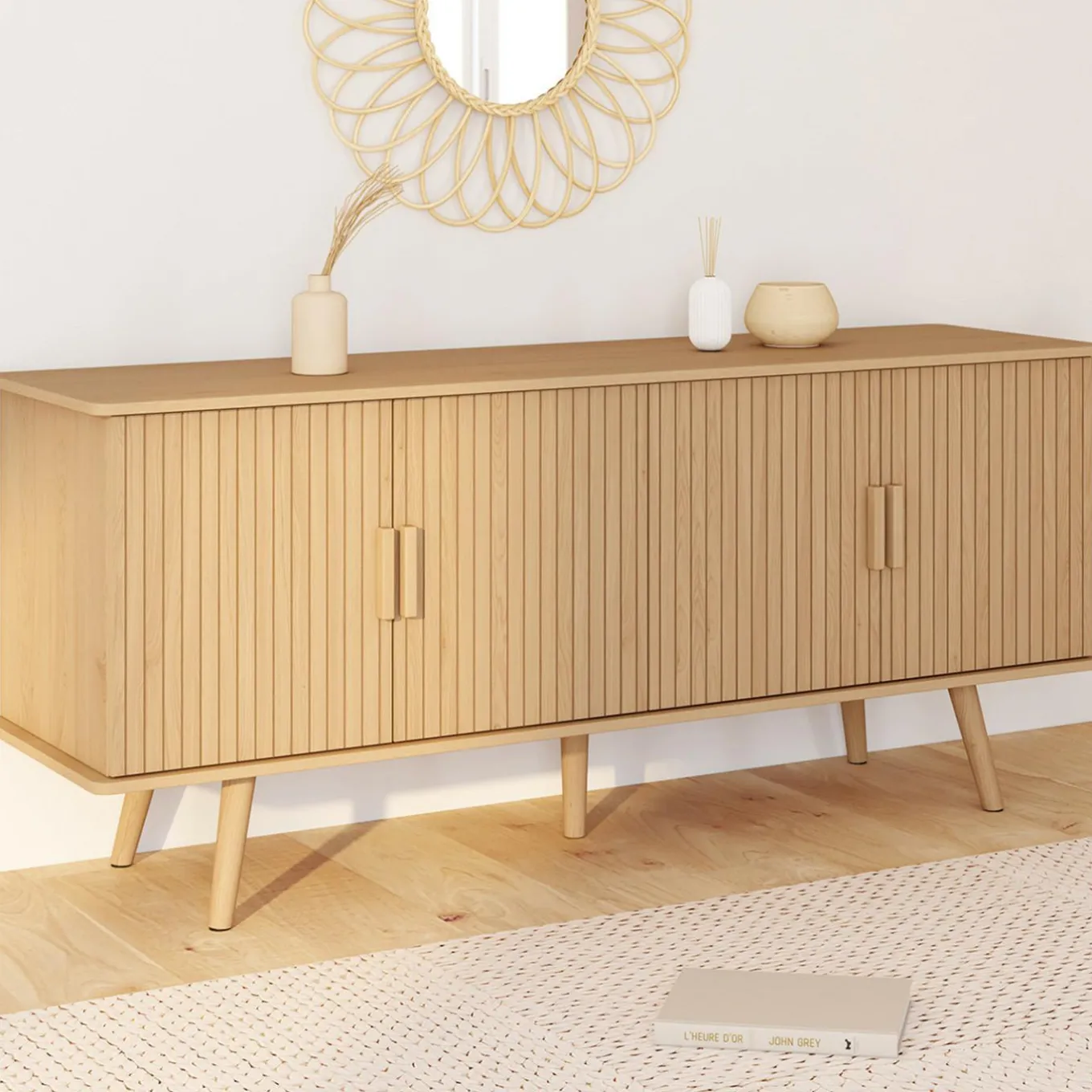 IDMarket Buffet 140 cm 4 portes lattes tasseau bois coloris chêne design tendance* Meubles En Bois|Collection Contemporaine