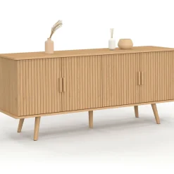 IDMarket Buffet 140 cm 4 portes lattes tasseau bois coloris chêne design tendance* Meubles En Bois|Collection Contemporaine