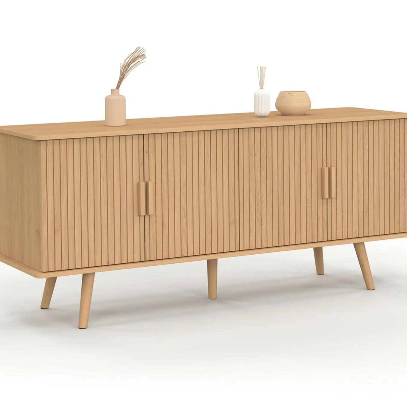 IDMarket Buffet 140 cm 4 portes lattes tasseau bois coloris chêne design tendance* Meubles En Bois|Collection Contemporaine