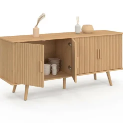 IDMarket Buffet 140 cm 4 portes lattes tasseau bois coloris chêne design tendance* Meubles En Bois|Collection Contemporaine