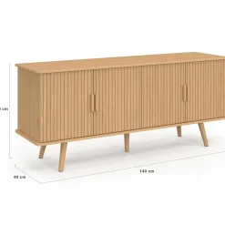 IDMarket Buffet 140 cm 4 portes lattes tasseau bois coloris chêne design tendance* Meubles En Bois|Collection Contemporaine