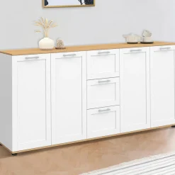 IDMarket Buffet 180 cm XXL 4 portes avec 3 tiroirs bois et blanc* Buffets