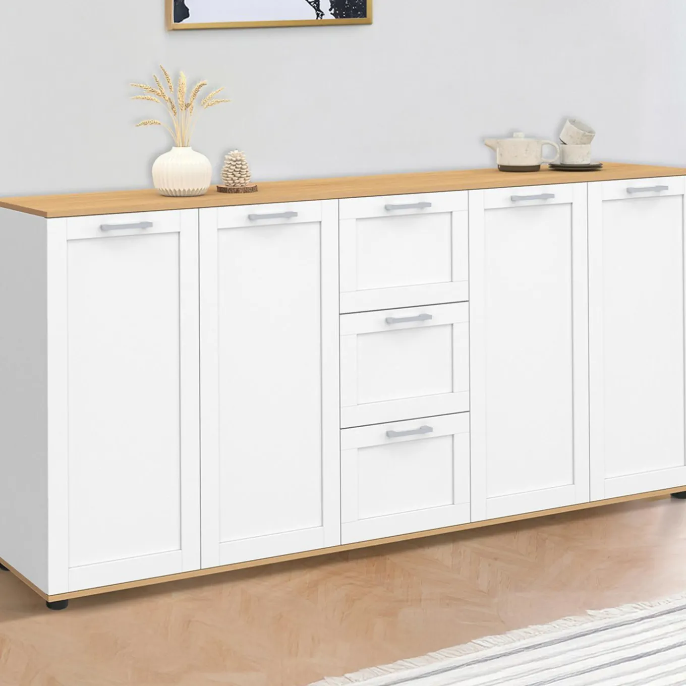 IDMarket Buffet 180 cm XXL 4 portes avec 3 tiroirs bois et blanc* Buffets