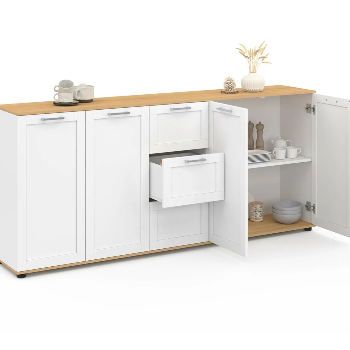 IDMarket Buffet 180 cm XXL 4 portes avec 3 tiroirs bois et blanc* Buffets