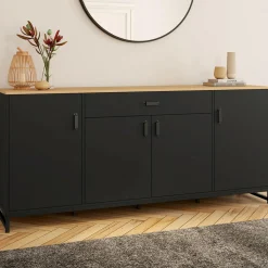 IDMarket Buffet 180 cm XXL 4 portes et 1 tiroir bois et noir* Meubles Tiroirs|Meubles Bas