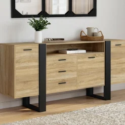 IDMarket Buffet 180 cm XXL 3 portes et 3 tiroirs avec niche bois et noir* Meubles Noirs|Meubles En Bois