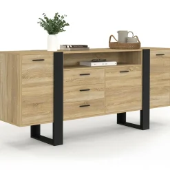 IDMarket Buffet 180 cm XXL 3 portes et 3 tiroirs avec niche bois et noir* Meubles Noirs|Meubles En Bois