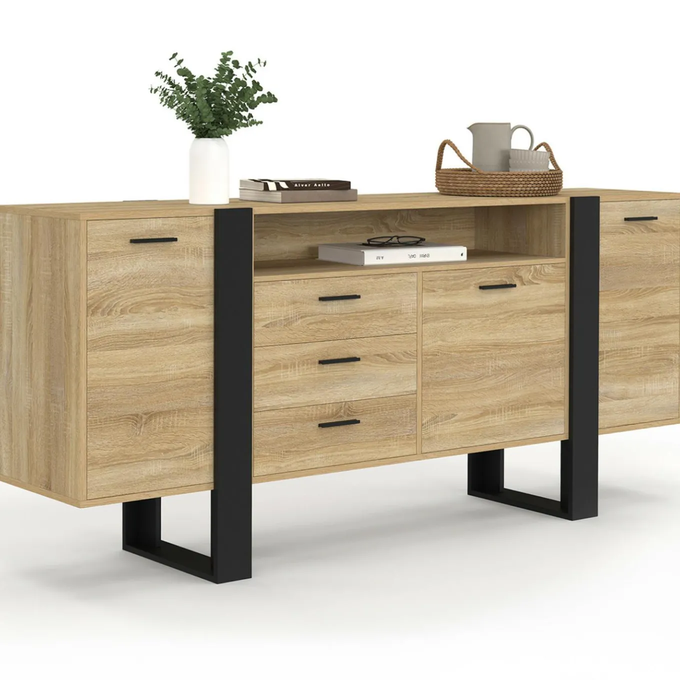 IDMarket Buffet 180 cm XXL 3 portes et 3 tiroirs avec niche bois et noir* Meubles Noirs|Meubles En Bois