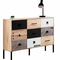 IDMarket Buffet 3 portes 3 tiroirs design industriel dépareillé* Meubles Tiroirs|Collection Industrielle