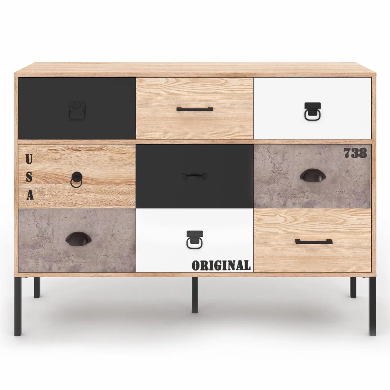 IDMarket Buffet 3 portes 3 tiroirs design industriel dépareillé* Meubles Tiroirs|Collection Industrielle