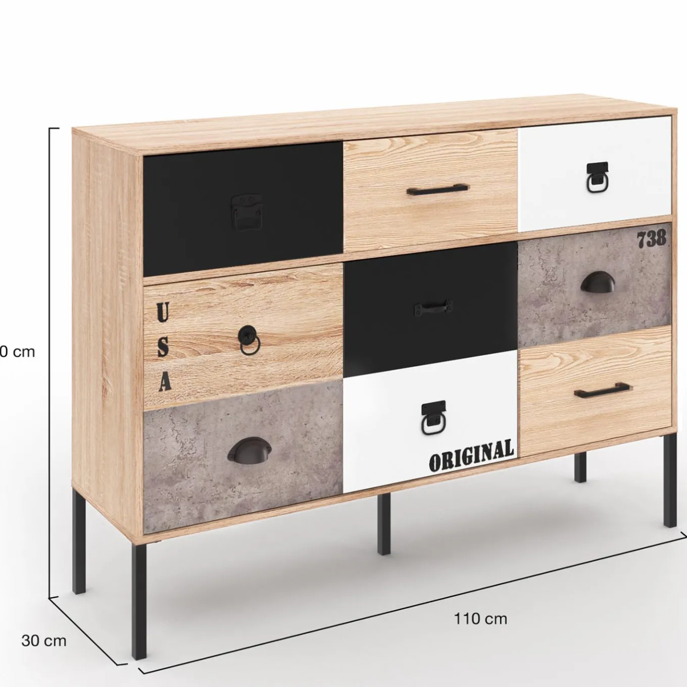 IDMarket Buffet 3 portes 3 tiroirs design industriel dépareillé* Meubles Tiroirs|Collection Industrielle