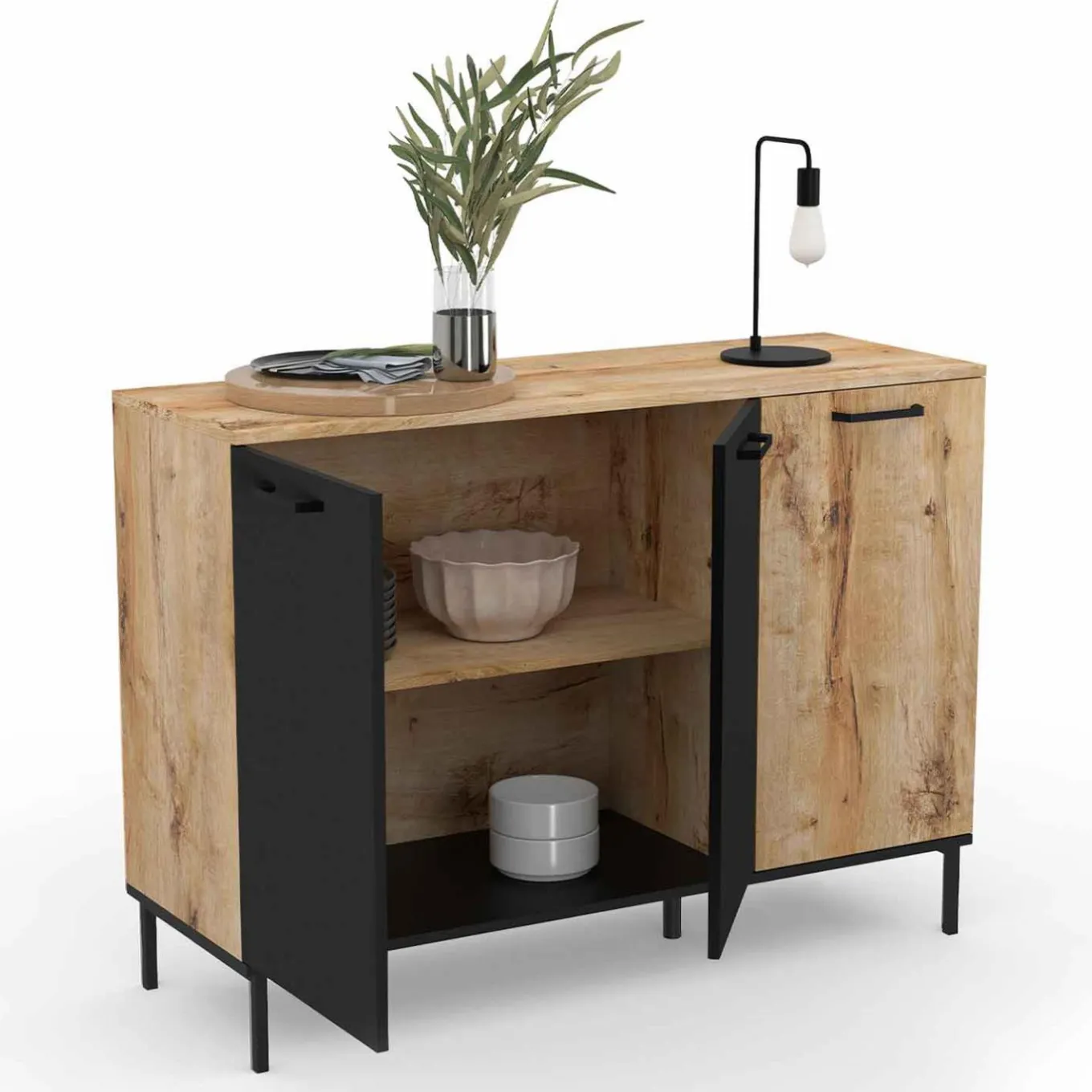 IDMarket Buffet 3 portes industriel bois et métal noir* Collection Industrielle|Salle À Manger Complète