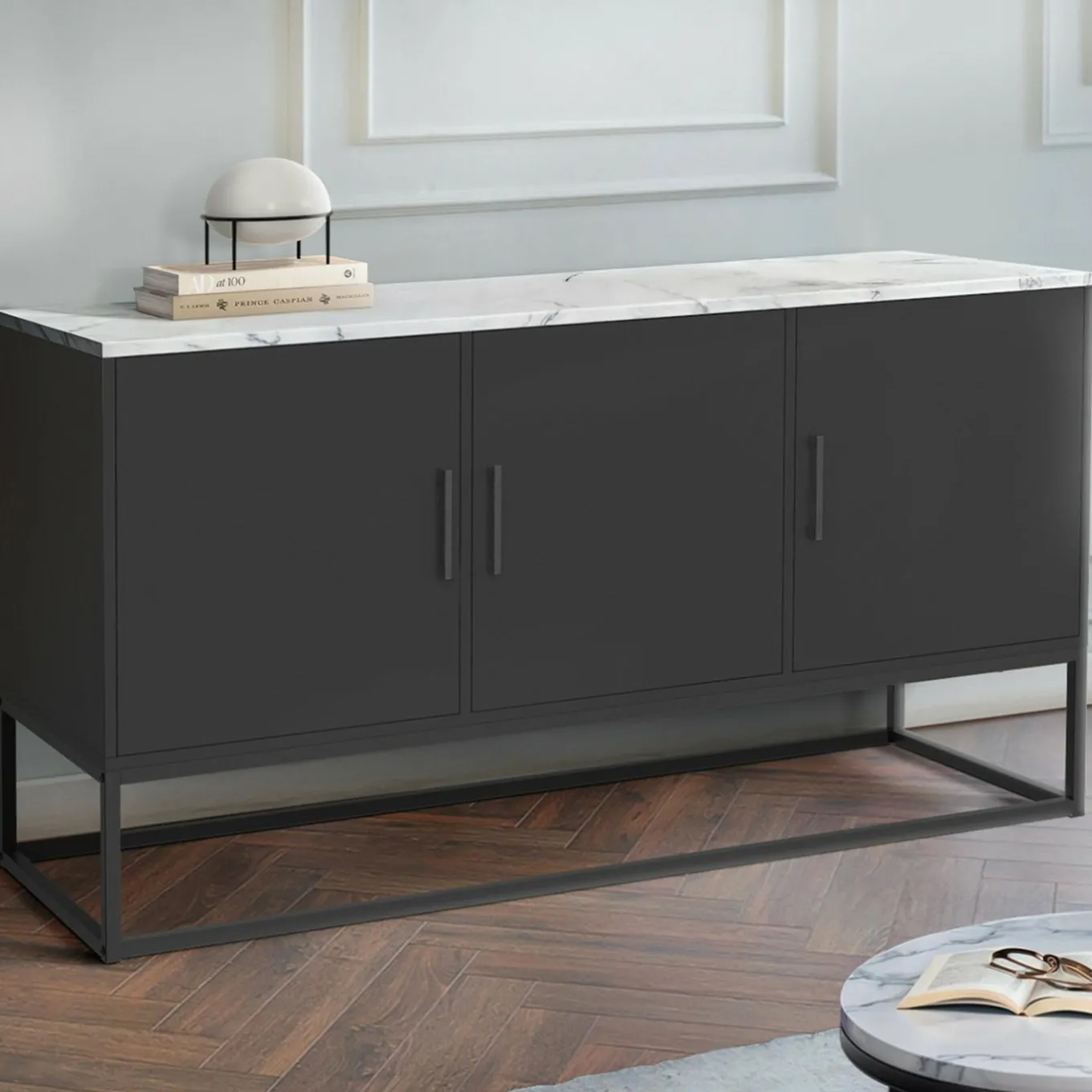 IDMarket Buffet bas 113 cm 3 portes noires plateau effet marbre blanc* Salon Complet|Buffets