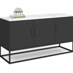 IDMarket Buffet bas 113 cm 3 portes noires plateau effet marbre blanc* Salon Complet|Buffets