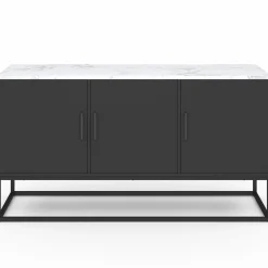 IDMarket Buffet bas 113 cm 3 portes noires plateau effet marbre blanc* Salon Complet|Buffets