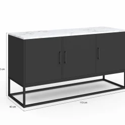 IDMarket Buffet bas 113 cm 3 portes noires plateau effet marbre blanc* Salon Complet|Buffets