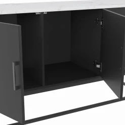 IDMarket Buffet bas 113 cm 3 portes noires plateau effet marbre blanc* Salon Complet|Buffets