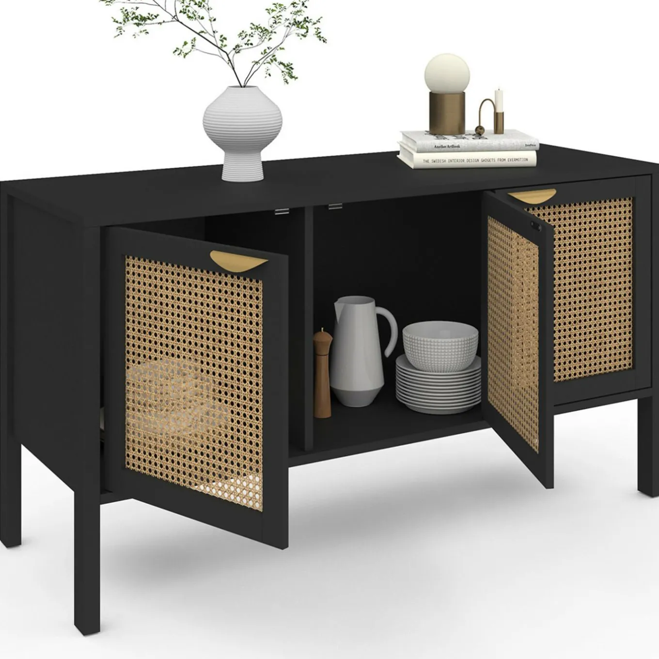 IDMarket Buffet bas 3 portes bois noir et cannage 110 cm* Collection Cannage|Salle À Manger Complète