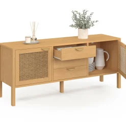 IDMarket Buffet bas bois et cannage 140 cm avec 2 portes et 3 tiroirs* Collection Cannage|Salle À Manger Complète