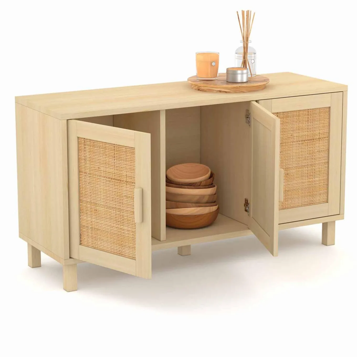 IDMarket Buffet bas bois et cannage 3 portes* Collection Cannage|Collection Vintage