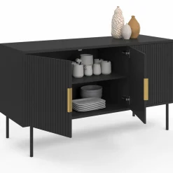IDMarket Buffet bas bois noir 110cm 3 portes effet lattes* Buffets