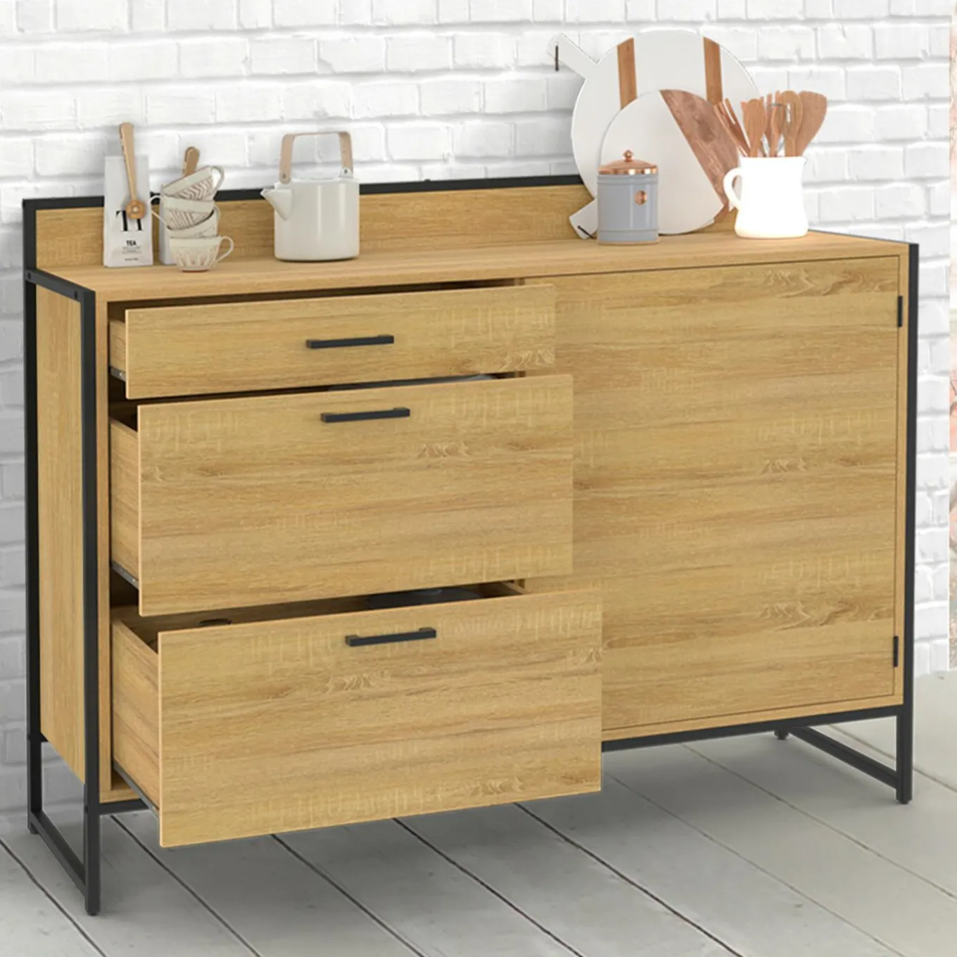 IDMarket Buffet bas de cuisine 120 cm 3 tiroirs design industriel* Meubles Tiroirs|Meubles De Cuisine Avec Plan De Travail