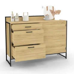 IDMarket Buffet bas de cuisine 120 cm 3 tiroirs design industriel* Meubles Tiroirs|Meubles De Cuisine Avec Plan De Travail