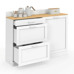 IDMarket Buffet bas de cuisine 120 cm casserolier plan de travail H.83 cm 1 porte + 3 tiroirs blanc et plateau façon hêtre* Meubles De Cuisine Avec Plan De Travail|Buffets De Cuisine