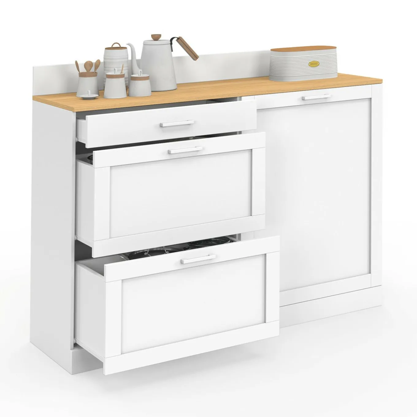 IDMarket Buffet bas de cuisine 120 cm casserolier plan de travail H.83 cm 1 porte + 3 tiroirs blanc et plateau façon hêtre* Meubles De Cuisine Avec Plan De Travail|Buffets De Cuisine