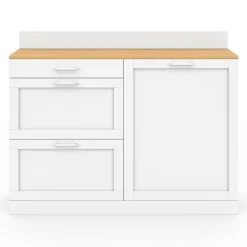 IDMarket Buffet bas de cuisine 120 cm casserolier plan de travail H.83 cm 1 porte + 3 tiroirs blanc et plateau façon hêtre* Meubles De Cuisine Avec Plan De Travail|Buffets De Cuisine