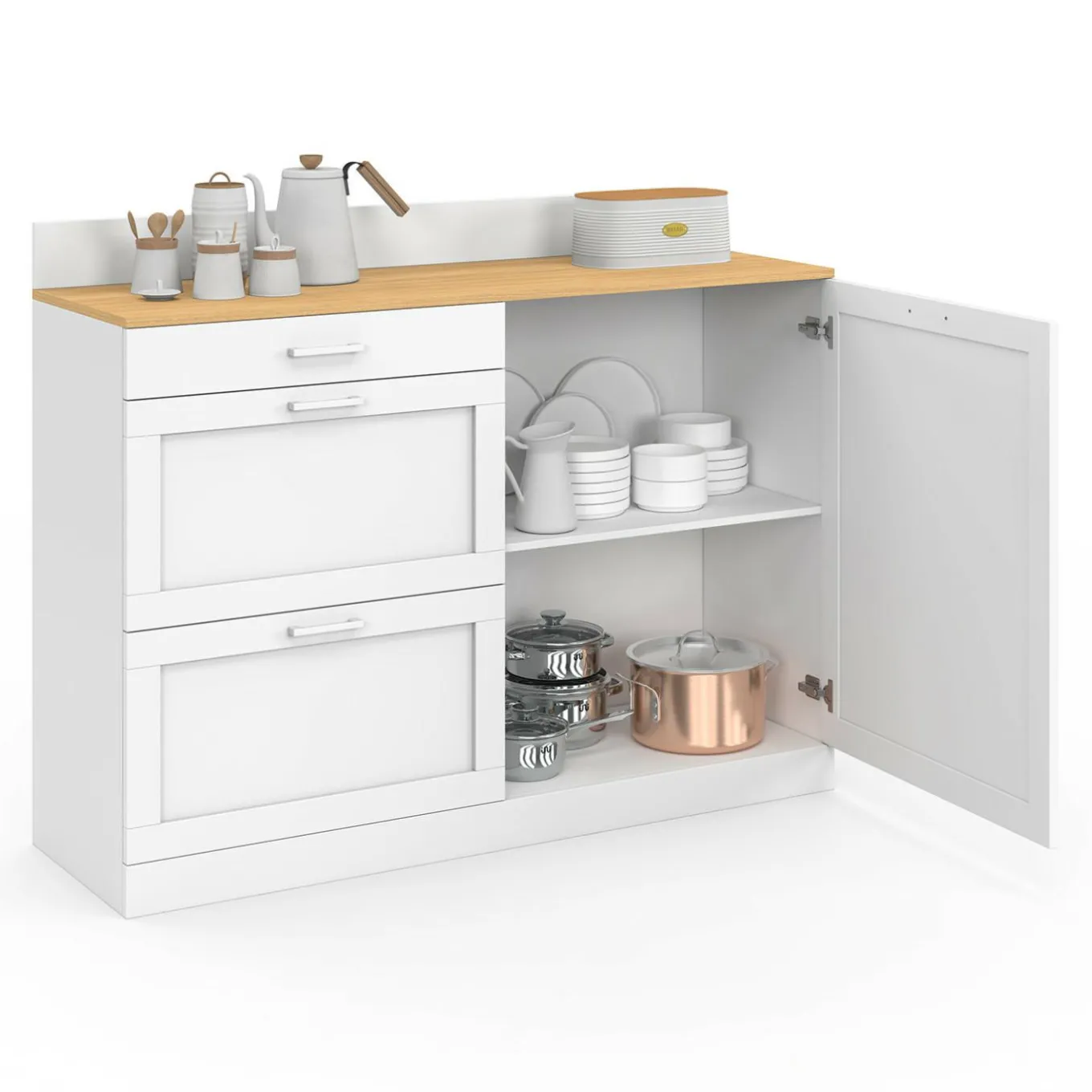IDMarket Buffet bas de cuisine 120 cm casserolier plan de travail H.83 cm 1 porte + 3 tiroirs blanc et plateau façon hêtre* Meubles De Cuisine Avec Plan De Travail|Buffets De Cuisine