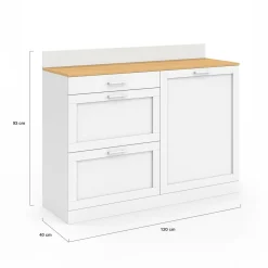 IDMarket Buffet bas de cuisine 120 cm casserolier plan de travail H.83 cm 1 porte + 3 tiroirs blanc et plateau façon hêtre* Meubles De Cuisine Avec Plan De Travail|Buffets De Cuisine