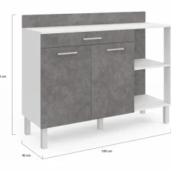 IDMarket Buffet bas de cuisine blanc 120 cm 2 portes + tiroir effet béton* Meubles Tiroirs|Meubles Bas