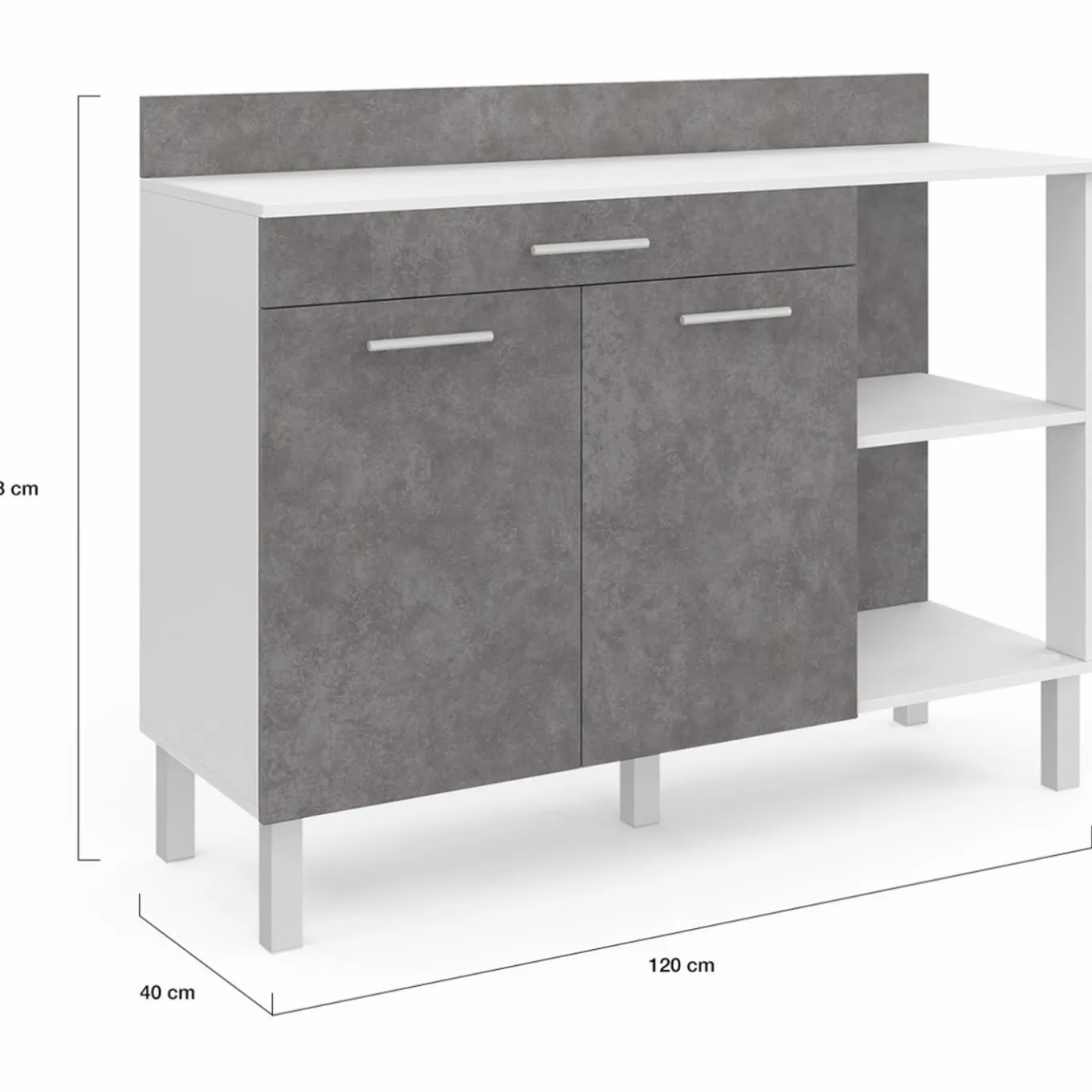 IDMarket Buffet bas de cuisine blanc 120 cm 2 portes + tiroir effet béton* Meubles Tiroirs|Meubles Bas