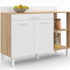 IDMarket Buffet bas de cuisine bois façon hêtre 120 cm 2 portes + tiroir blanc* Meubles Tiroirs|Meubles Bas