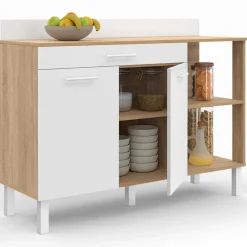 IDMarket Buffet bas de cuisine bois façon hêtre 120 cm 2 portes + tiroir blanc* Meubles Tiroirs|Meubles Bas