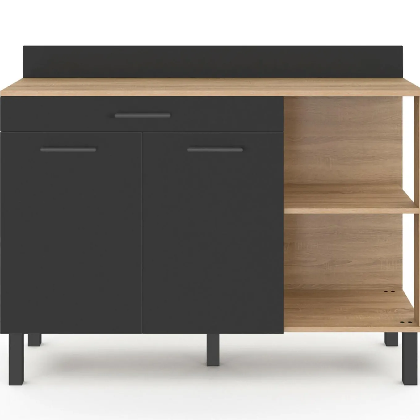 IDMarket Buffet bas de cuisine bois façon hêtre 120 cm 2 portes + tiroir noir* Meubles Tiroirs|Meubles Hauts